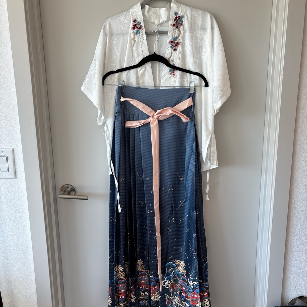 White Floral Hanfu and Blue Patterned Skirt Set